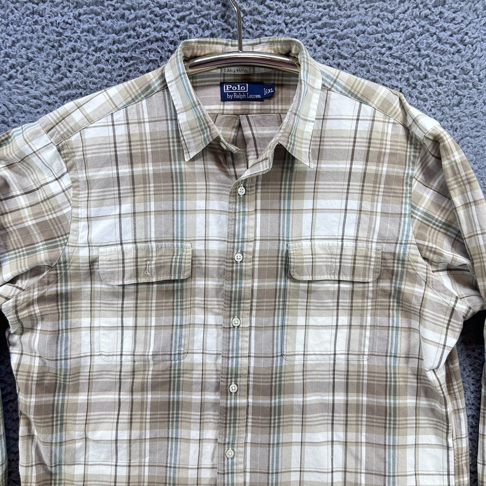 Polo Ralph Lauren Button Up Long Sleeve Flanel Mens XL Beige Brown Plaid Classic